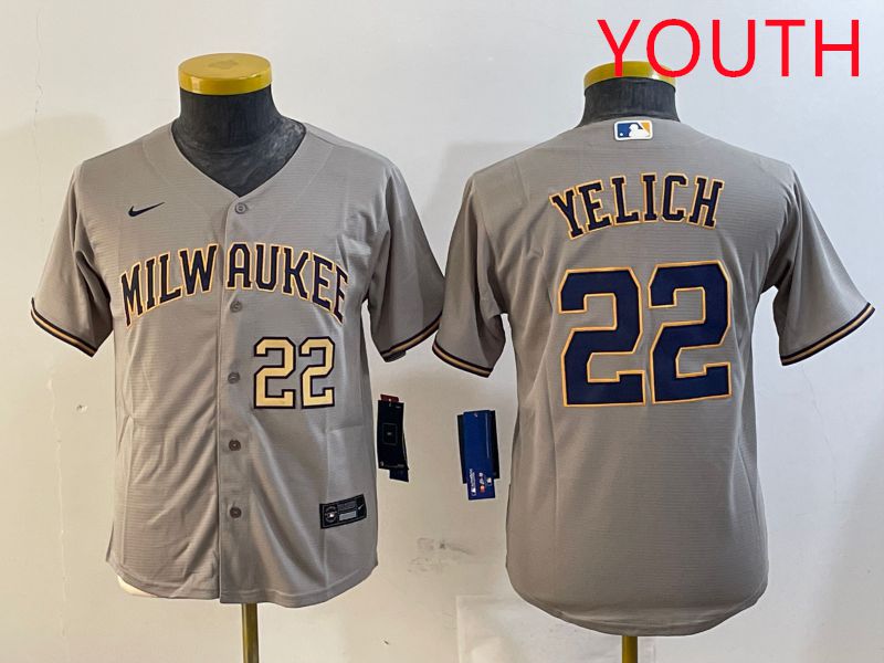 Youth Milwaukee Brewers #22 Yelich Grey Game 2025 Nike MLB Jersey style 4